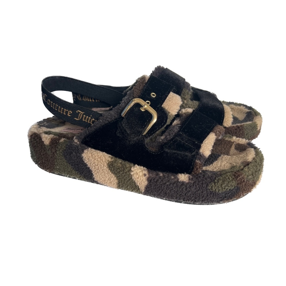 Juicy Couture Griffin Slide Sandals Black Velvet Camo Green Ankle Strap Size 10